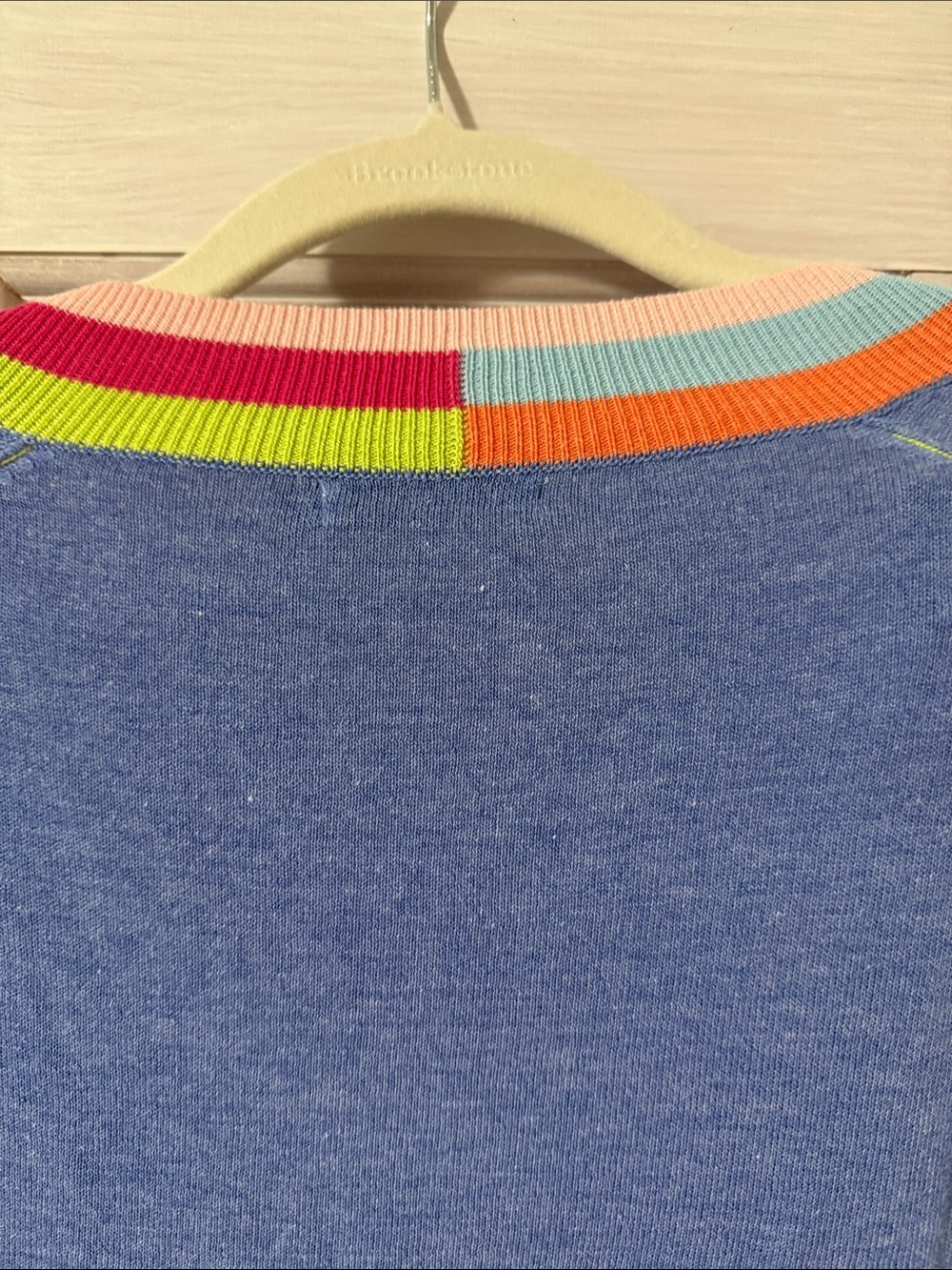 Blue V-Neck Sweater with Rainbow Ribbed Trim - Picture 5 of 6